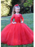 Long Sleeves Red Lace Tulle Floor Length Flower Girl Dress